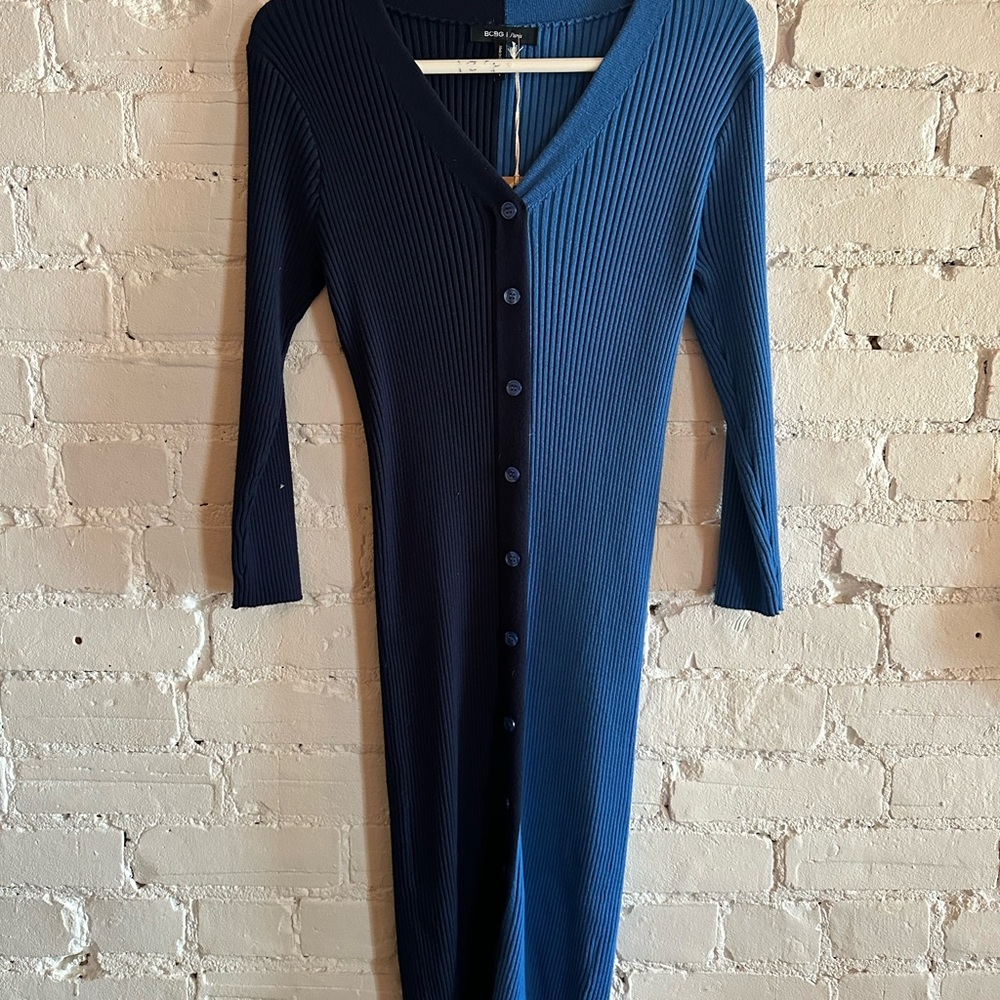 BCBG Paris Navy Ribbed Button-Front Midi Dress